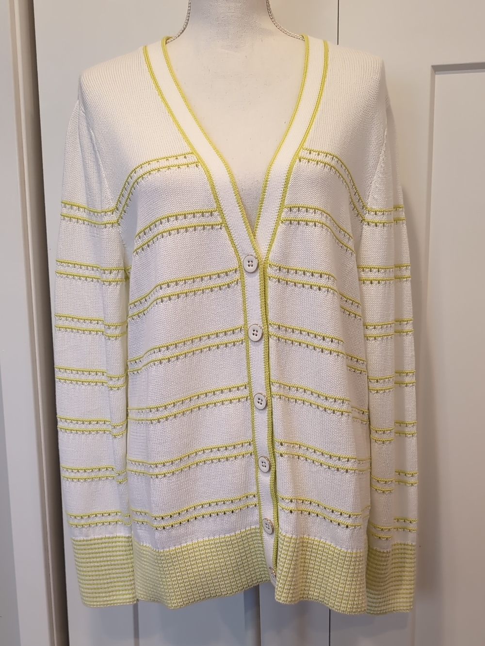 Talbots V-Neck Girlfriend Long Sleeve Lime/White Cardigan L nwt - Picture 2 of 11